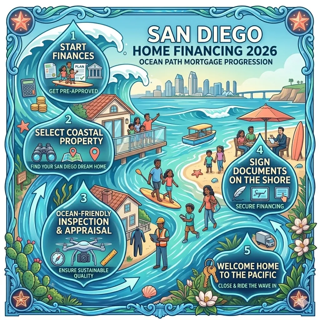 Wave style infographic showing San Diego mortgage steps with coastal homes and ocean background