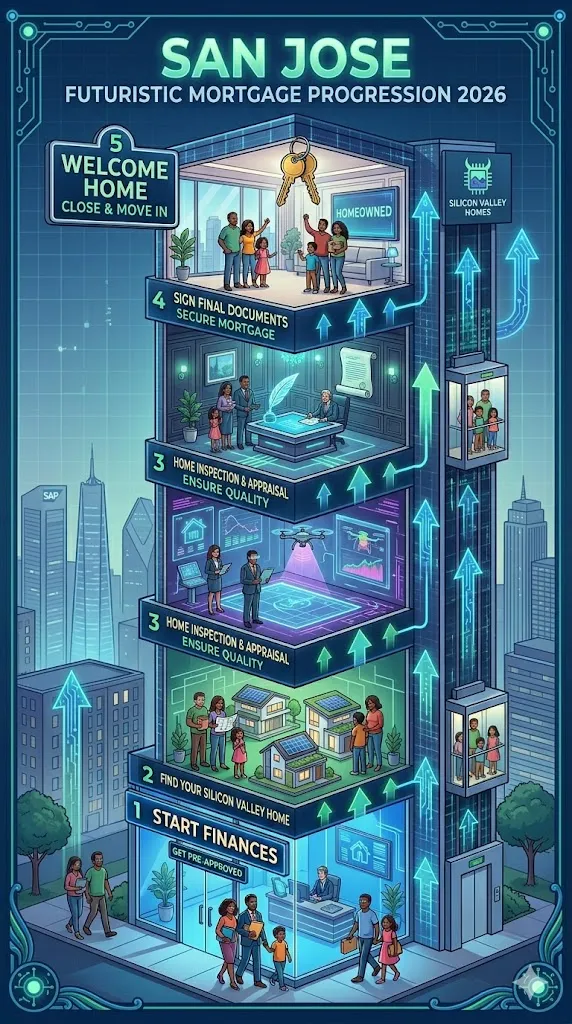Futuristic grid infographic showing San Jose mortgage steps with tech homes and connected nodes