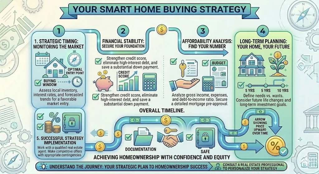 Infographic outlining how to decide the right time to buy a home based on financial stability, life stage, long term planning, and market conditions