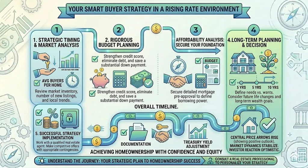 Infographic outlining strategies for buying a home in a rising mortgage rate environment including budgeting, long term planning, and refinancing options
