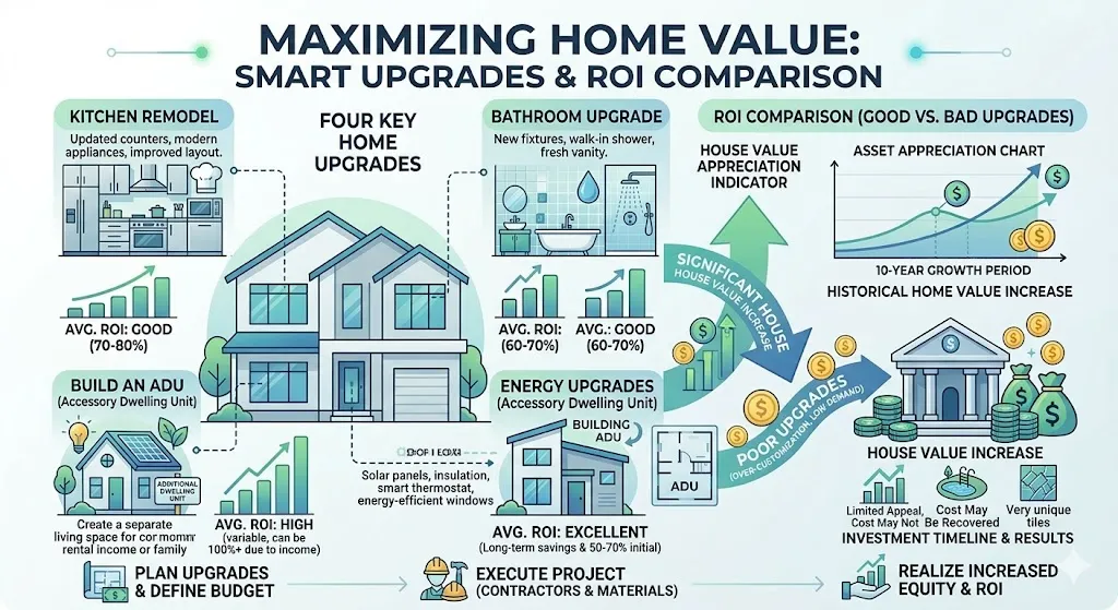 Infographic showing which home improvements like kitchens, bathrooms, and ADUs increase property value and generate rental income versus poor upgrades
