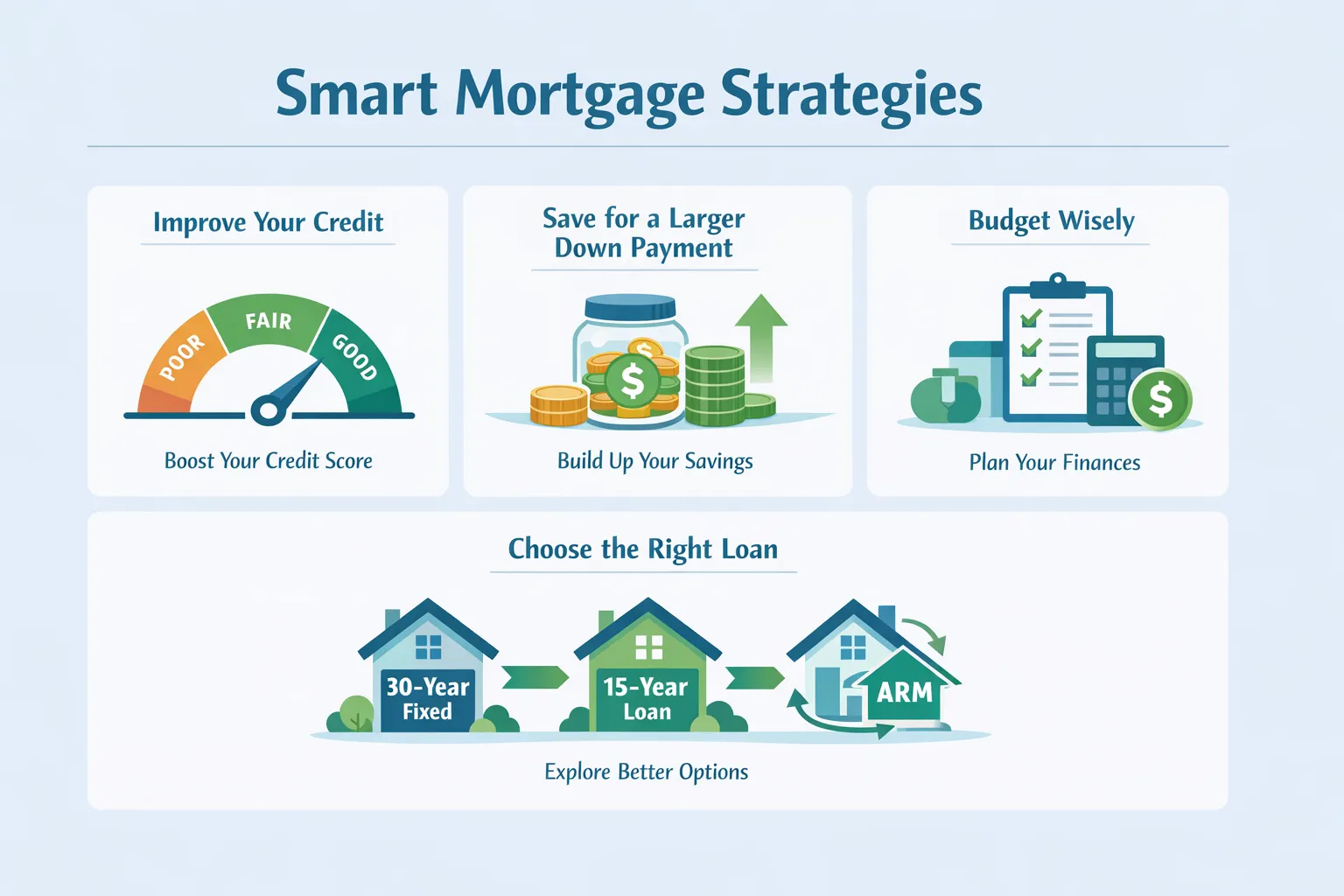 Infographic outlining smarter alternatives to 50-year mortgages including improving credit, increasing down payment, choosing 30-year loans, and financial planning