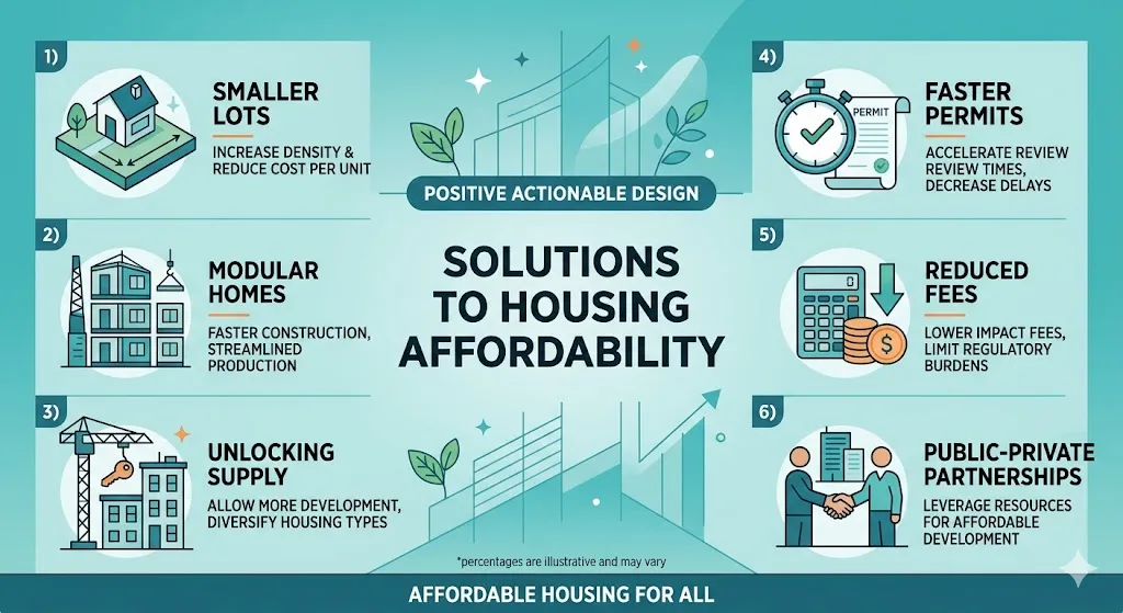Infographic showing solutions like smaller homes, modular construction, and faster approvals to lower housing costs.