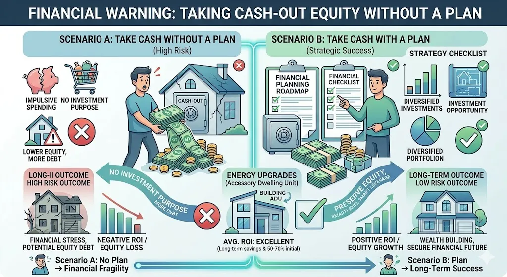 Infographic showing the risks of taking cash out without a financial plan including poor decisions, increased debt, and lack of long-term strategy