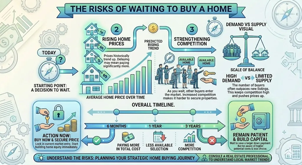 Infographic showing the risks of waiting for lower mortgage rates including rising home prices, increased competition, and higher long term costs