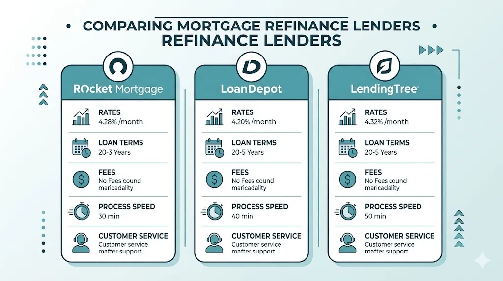 Infographic showing top mortgage refinance companies and key features like rates, loan types, and availability
