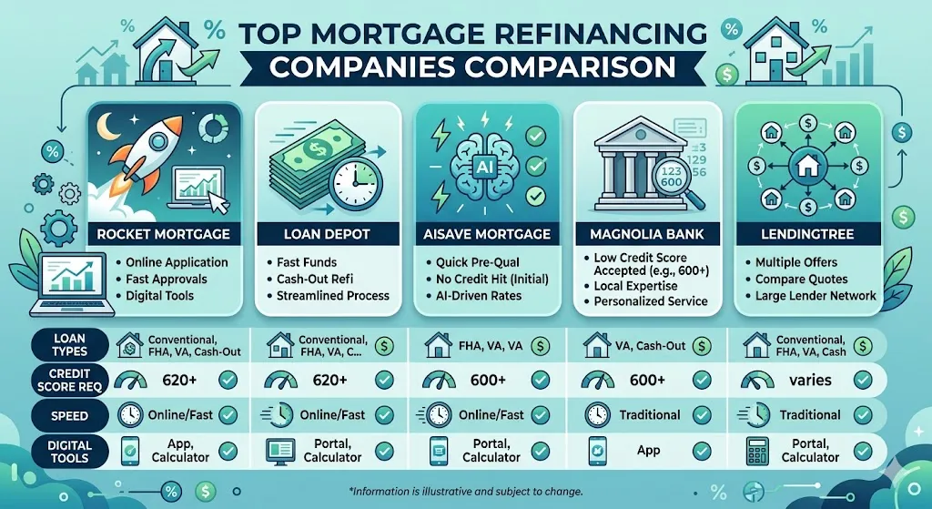 Infographic comparing top refinance companies: Rocket Mortgage (personalized online tools), Loan Depot (fast cash-out), Aisave Mortgage (no-credit pre-qual), Magnolia Bank (low credit options), LendingTree (lender network) with icons, feature cards, and blue-green layout