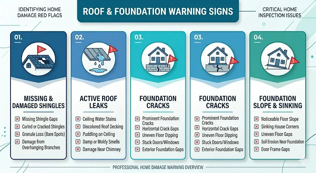 Infographic showing warning signs of roof damage and foundation problems such as cracks uneven floors missing shingles and structural movement