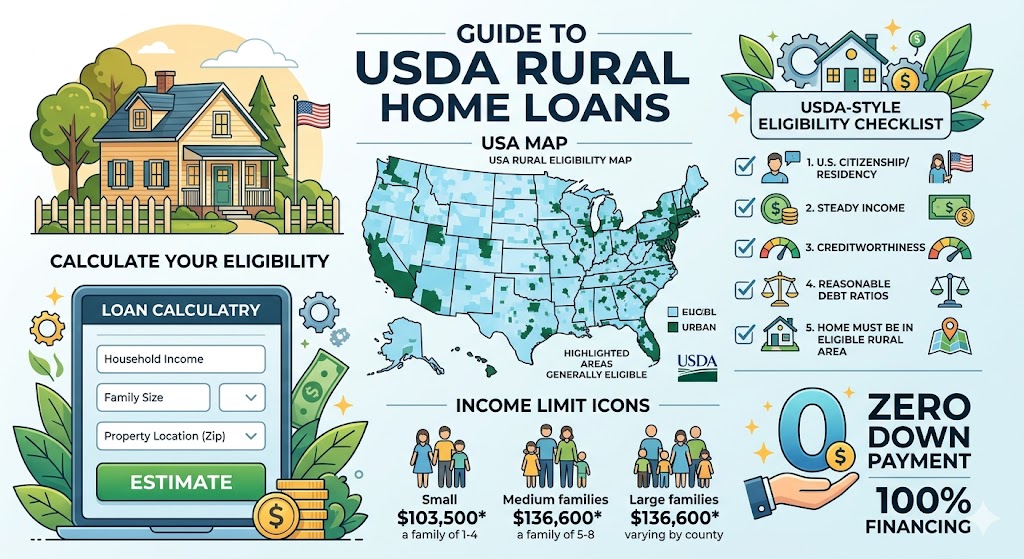 Check USDA loan eligibility 2026 for income, property location, zero down payment, credit, and rural home rules.