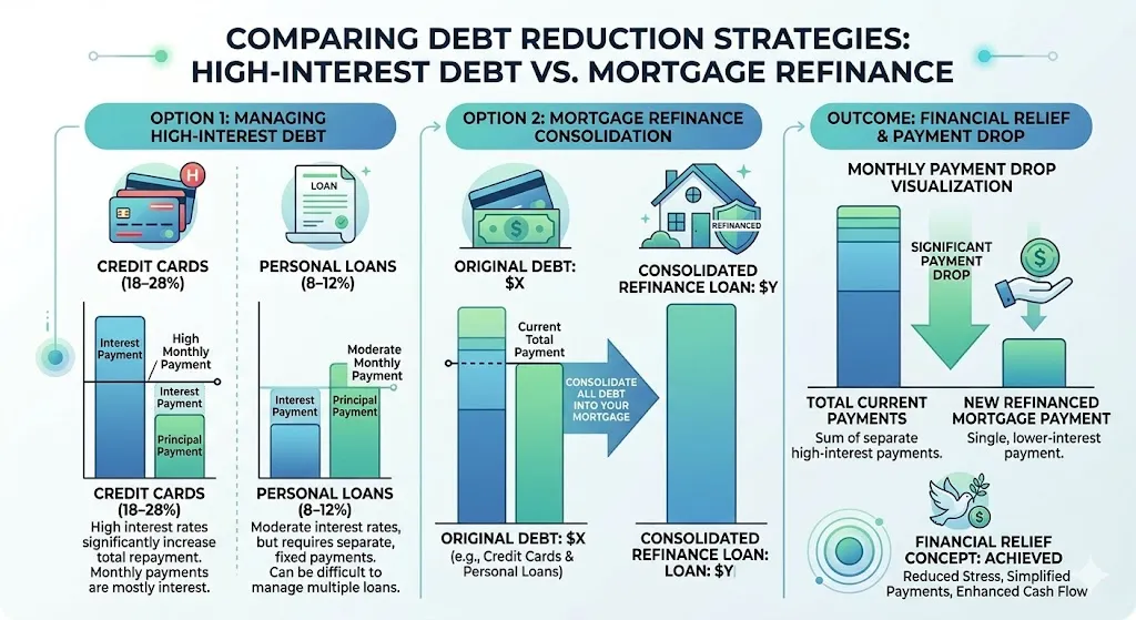 Infographic comparing high-interest credit card debt and lower mortgage rates showing how refinancing reduces monthly payments and simplifies finances