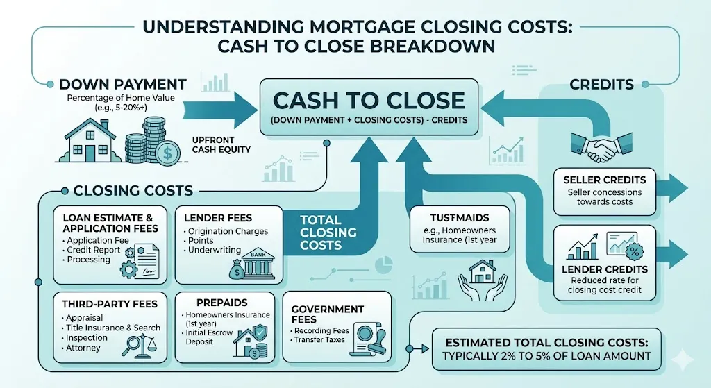 Infographic explaining mortgage closing costs including down payment, closing costs, credits, and how they combine into total cash to close when buying a home