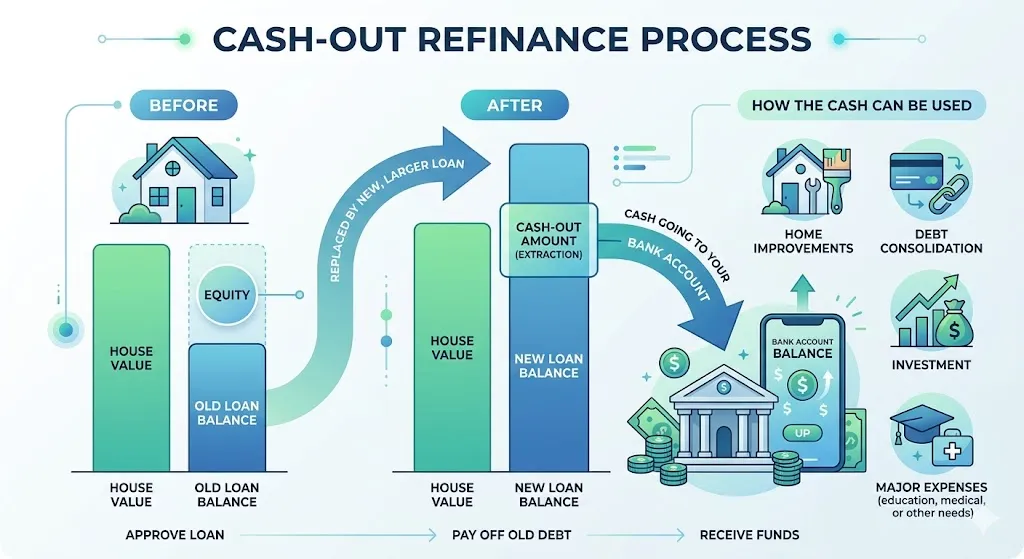 Infographic showing how a homeowner replaces an existing mortgage with a new larger loan and receives the difference in cash from home equity