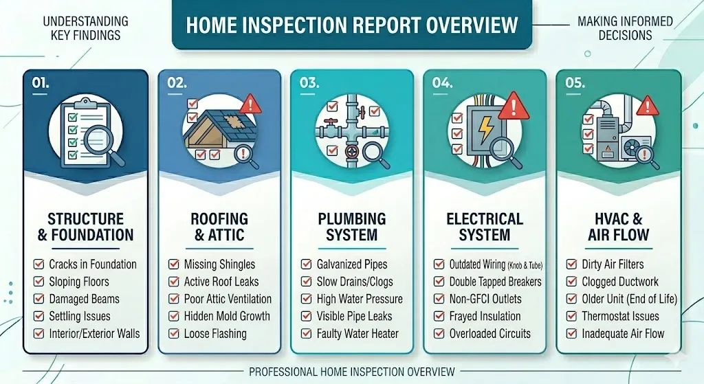 Infographic explaining what buyers should expect in a home inspection report including multiple findings photos notes and common issues highlighted by inspectors