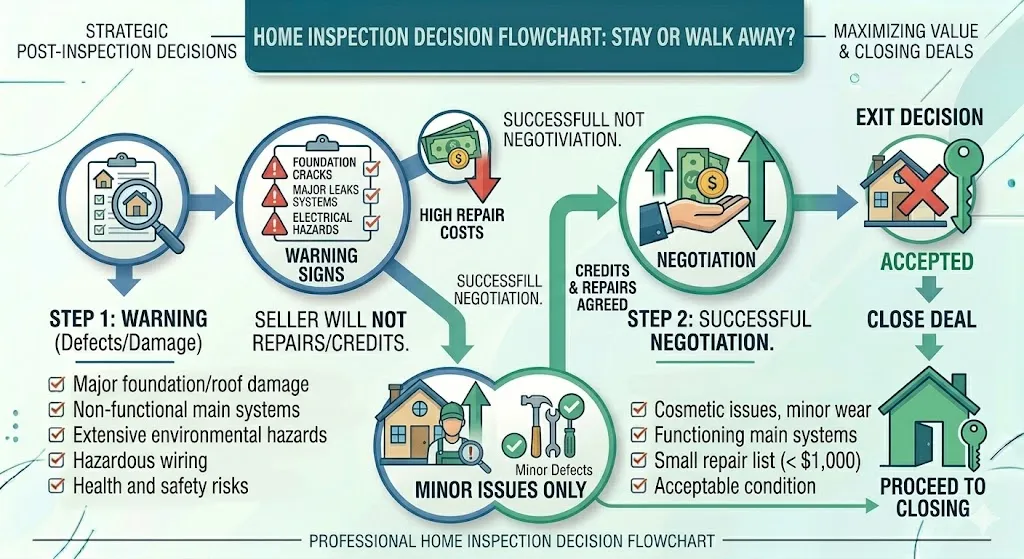 Infographic showing decision flow for buyers after inspection including when to negotiate proceed or walk away based on major issues seller response and repair costs