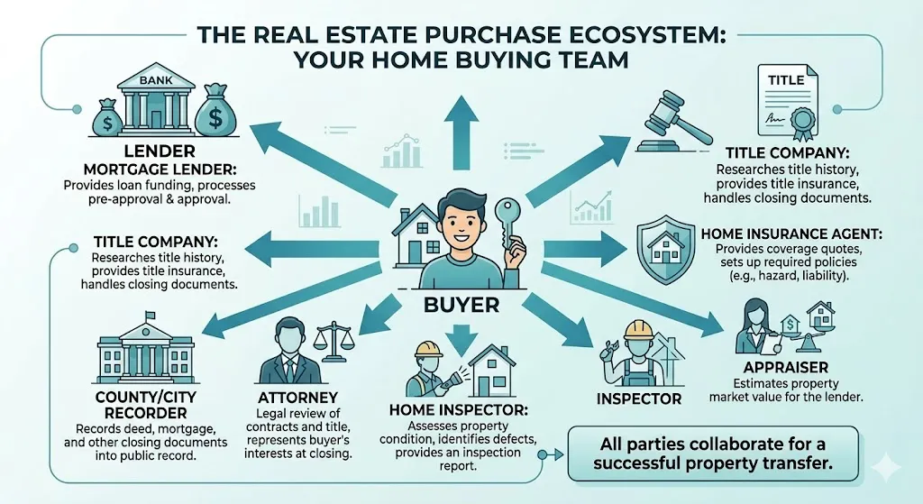 Infographic showing all professionals involved in closing costs including lender, title company, insurance, appraiser, inspector, attorney and how each receives part of the fees