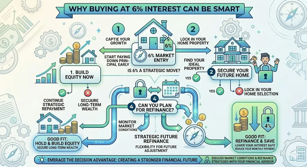 Infographic explaining why buying a home at a 6 percent interest rate can be financially smart including locking in price, future refinancing opportunities, and long term gains