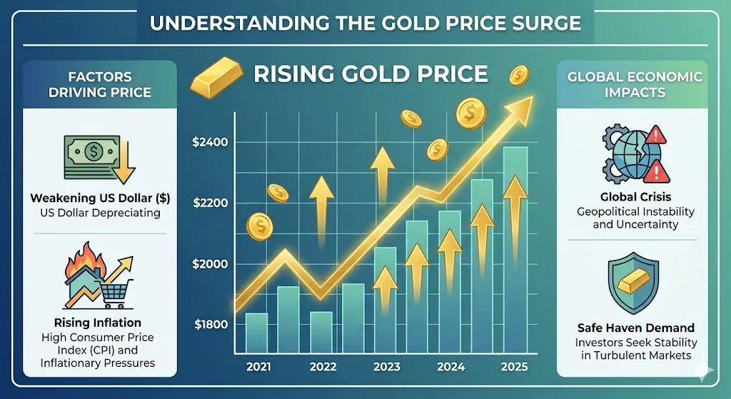 Infographic showing major reasons behind gold price surge in 2025 including weak dollar inflation central bank demand and global uncertainty