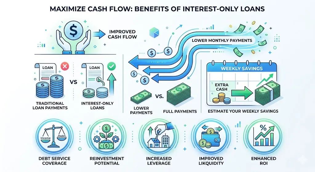 Infographic showing how interest-only loans reduce weekly payments, improve affordability, and help investors manage multiple properties