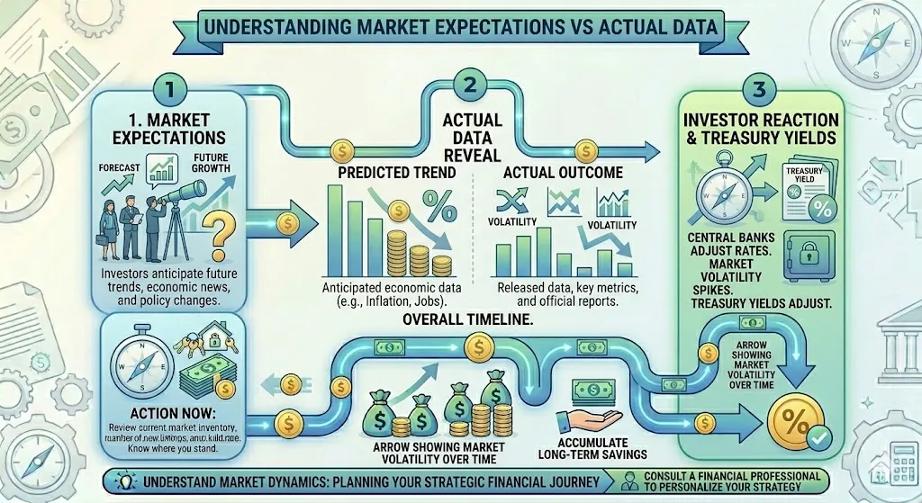 Infographic explaining why mortgage rates can rise despite positive economic data due to investor expectations, treasury yields, and future inflation concerns
