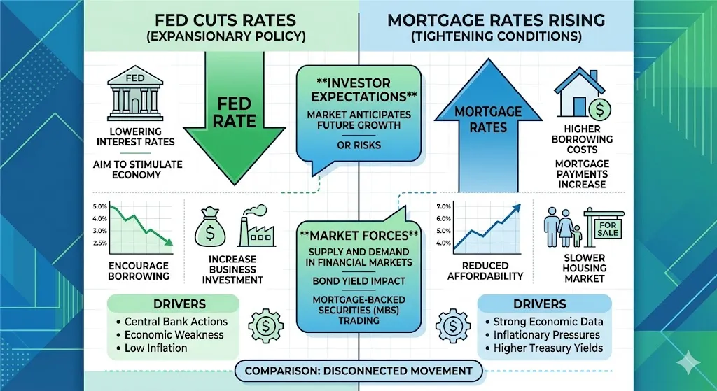 Side-by-side infographic explaining why mortgage rates can increase even when the Federal Reserve lowers interest rates
