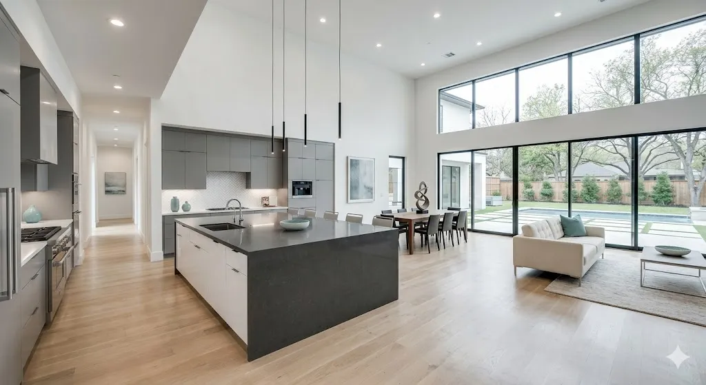 Modern new-build interior with tall ceilings, white finishes, and a large island that feels polished but not cozy.