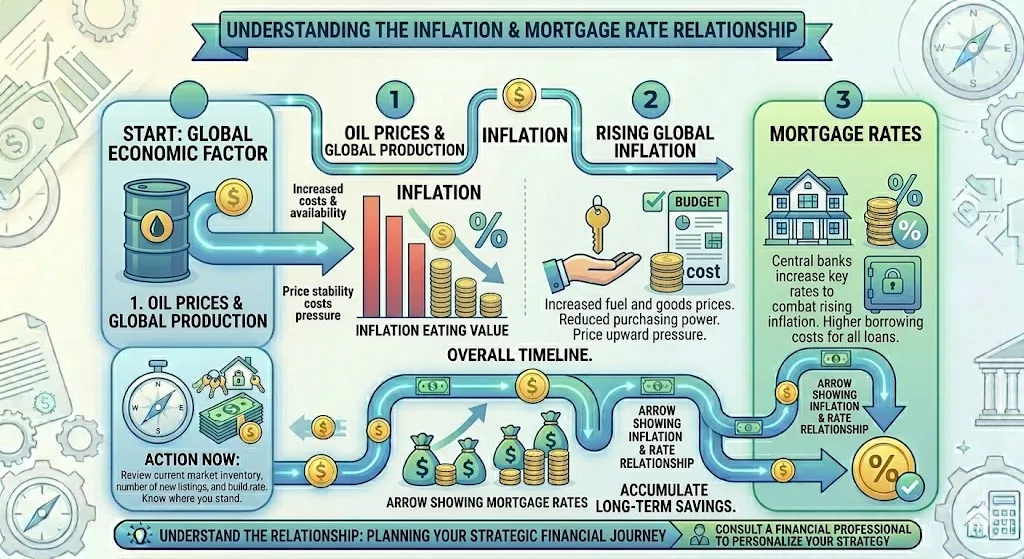 Infographic illustrating the relationship between inflation, energy prices, and mortgage rates including how rising costs increase borrowing rates